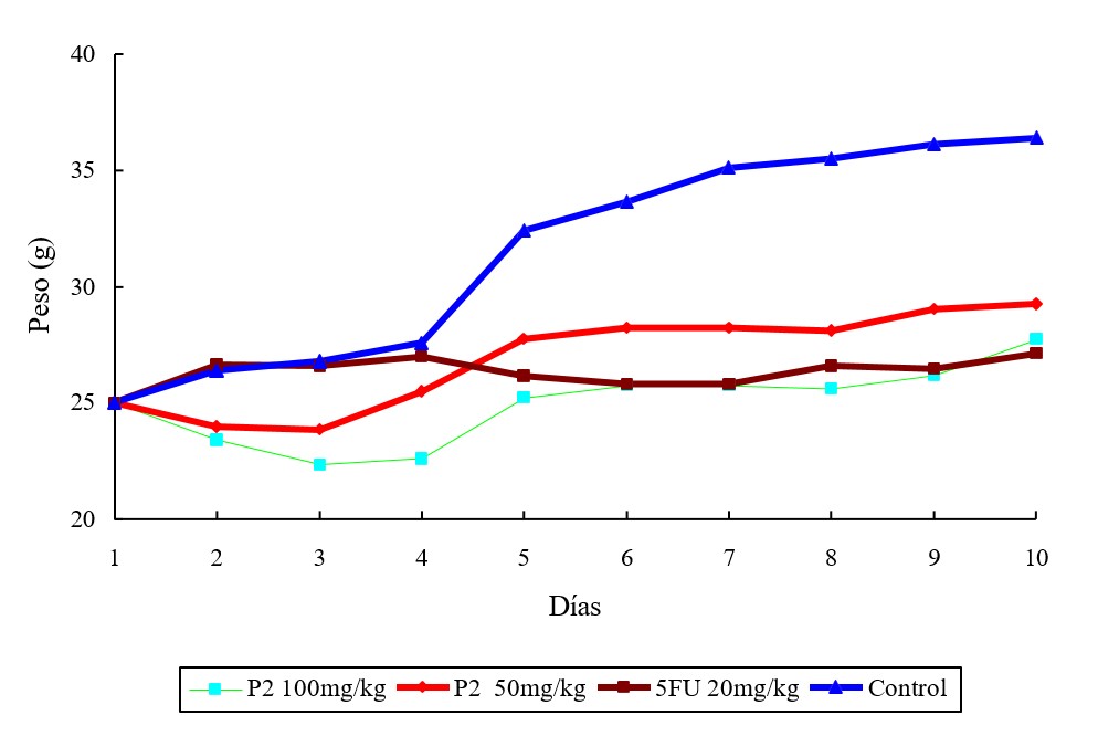 Incremento del peso de ratones NMRI inoculados con TAE i.p. y tratados con P2 100 mg/kg de peso.
