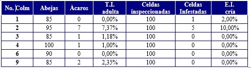 Tasa de infestación en cría y en adultas de las colmenas en estudio